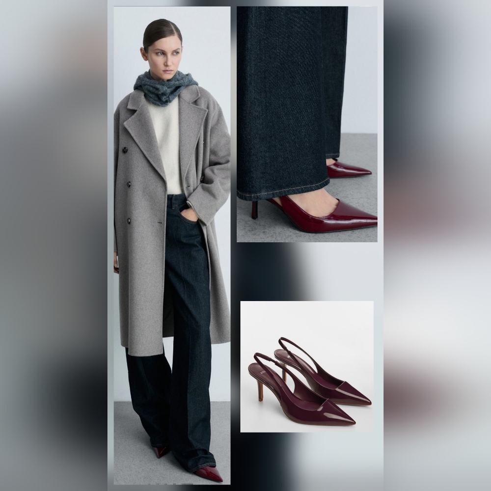 Mango Viral Red Burgundy Patent Effect Slingback Heels Kitten Heels Size 6